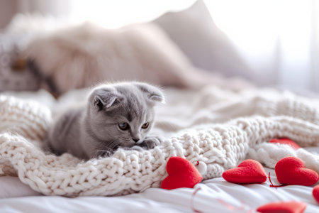 Valentines Day cat. Small kitten playing with red hearts on light white blanket on bedの素材