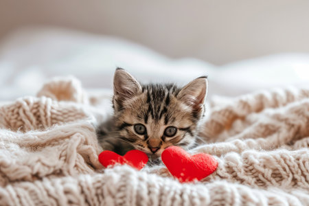 Valentines Day cat. Small kitten playing with red hearts on light white blanket on bedの素材