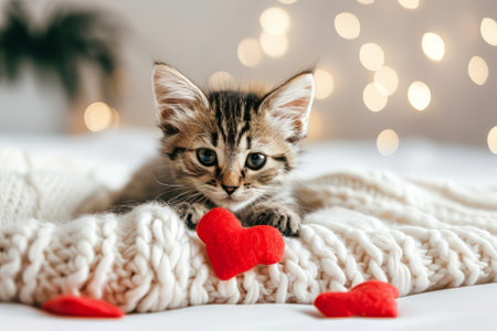 Valentines Day cat. Small kitten playing with red hearts on light white blanket on bedの素材