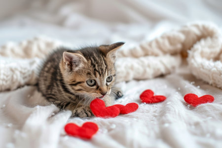Valentines Day cat. Small kitten playing with red hearts on light white blanket on bedの素材