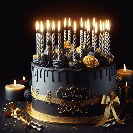 Black birthday cake with golden candles on a black background. Postcard. Happy birthdayの素材