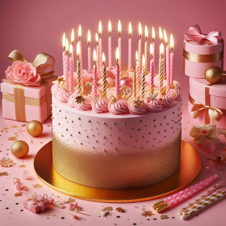 Pink birthday cake with golden candles on a pink background. Postcard. Happy birthdayの素材