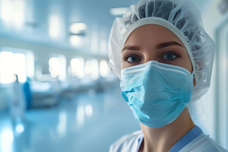Nurse in a cap and mask standing against the background of a bright hospital roomの素材