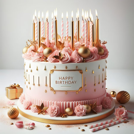 Pink birthday cake with golden candles on a white background. Postcard. Happy birthdayの素材