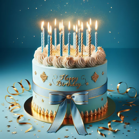 Blue birthday cake with golden candles on a blue background. Postcard. Happy birthdayの素材