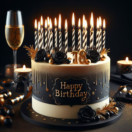 Black birthday cake with golden candles on a black background. Postcard. Happy birthdayの素材