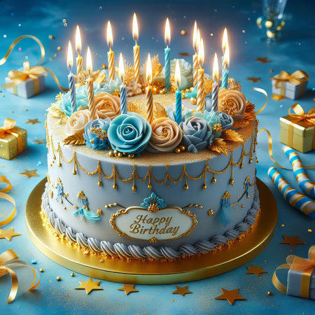 Blue birthday cake with golden candles on a blue background. Postcard. Happy birthdayの素材