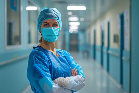 Nurse in a cap and mask standing against the background of a bright hospital roomの素材
