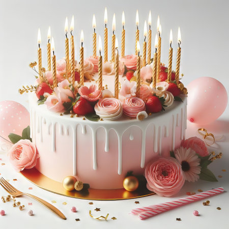 Pink birthday cake with golden candles on a white background. Postcard. Happy birthdayの素材