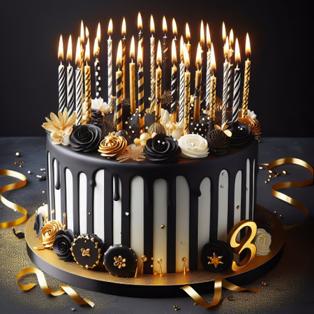 Black birthday cake with golden candles on a black background. Postcard. Happy birthdayの素材