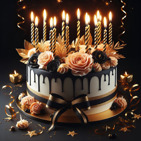 Black birthday cake with golden candles on a black background. Postcard. Happy birthdayの素材