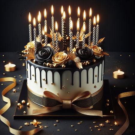 Black birthday cake with golden candles on a black background. Postcard. Happy birthdayの素材