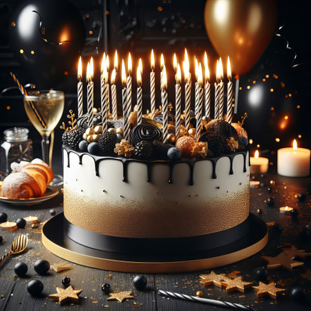 Black birthday cake with golden candles on a black background. Postcard. Happy birthdayの素材