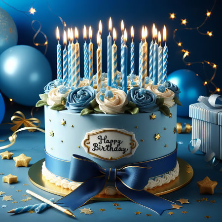 Blue birthday cake with golden candles on a blue background. Postcard. Happy birthdayの素材