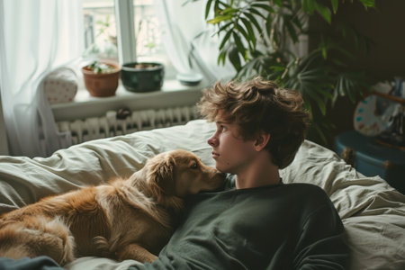 Young man with dog on bed indoors at home. The dog plays in the bed. A pet. Home lifeの素材