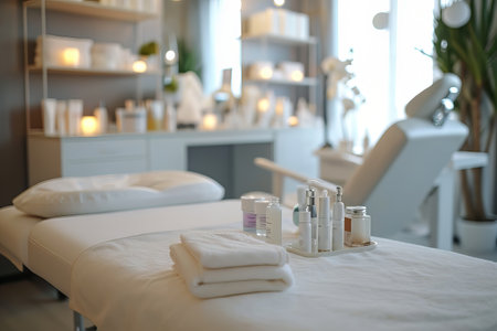 Interior of new beauty salon with spa massage table and set of skincare products ready for useの素材