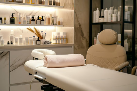 Interior of new beauty salon with spa massage table and set of skincare products ready for useの素材
