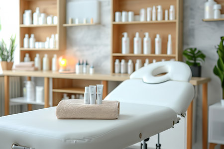 Interior of new beauty salon with spa massage table and set of skincare products ready for useの素材