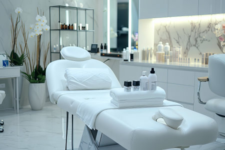 Interior of new beauty salon with spa massage table and set of skincare products ready for useの素材