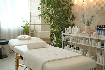 Interior of new beauty salon with spa massage table and set of skincare products ready for useの素材