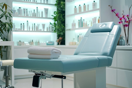 Interior of new beauty salon with spa massage table and set of skincare products ready for useの素材