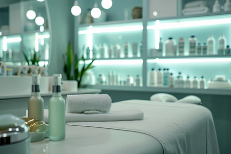 Interior of new beauty salon with spa massage table and set of skincare products ready for useの素材