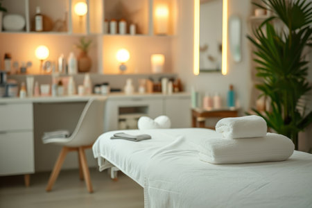 Interior of new beauty salon with spa massage table and set of skincare products ready for useの素材