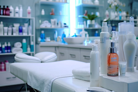 Interior of new beauty salon with spa massage table and set of skincare products ready for useの素材