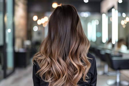 Beautiful hairstyle of young woman after dyeing hair and making highlights in hair salonの素材