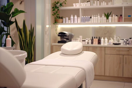 Interior of new beauty salon with spa massage table and set of skincare products ready for useの素材