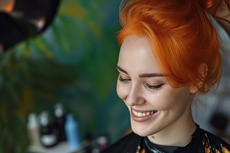 Beautiful hairstyle of young woman after dyeing hair and making highlights in hair salonの素材