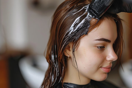 Beautiful hairstyle of young woman after dyeing hair and making highlights in hair salonの素材