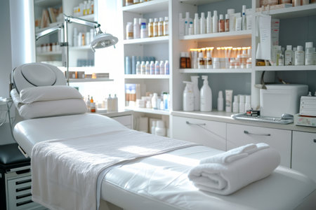 Interior of new beauty salon with spa massage table and set of skincare products ready for useの素材