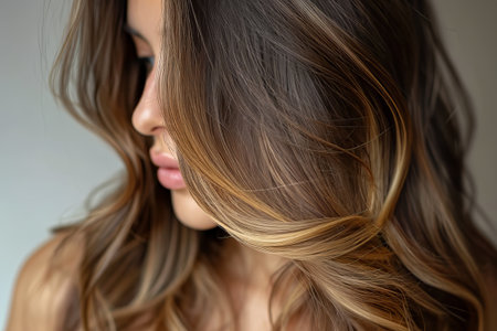 Beautiful hairstyle of young woman after dyeing hair and making highlights in hair salonの素材