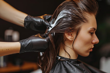 Beautiful hairstyle of young woman after dyeing hair and making highlights in hair salonの素材