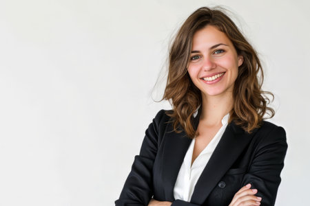 A successful business woman looks confident and smiles on white backgroundの素材
