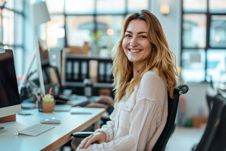 Smiling woman sitting at her desk in office. Happy business woman sitting in officeの素材