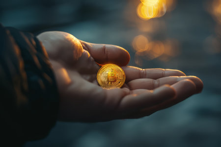 Golden bitcoin in people hand. Virtual money.Business and cryptocurrenciesの素材
