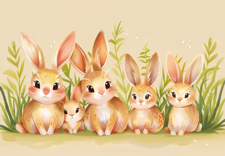 Cute bunnies: adorable bunny art featuring chubby cheeks, expressive eyes. Easter-themed content. High quality photoの素材