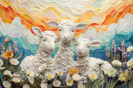 Easter art with 3 lambs. Sheep. Happy easter. High quality photoの素材