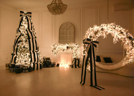 Christmas decorations lights. Modern New Years decor. Christmas trees with garlands and gifts.の写真素材
