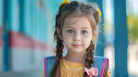 Portrait of a Little Girl Going Back to School. Child wearing a backpack ready for the first day of kindergarten. High quality illustrationの素材