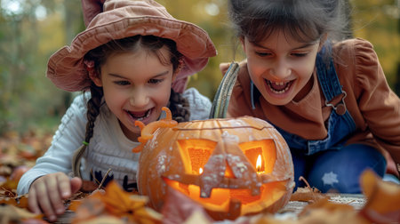 Children celebrating hallowing, candies, candles, jack o lantern, pumpkins, autumn, halloween treats and sweets. High quality photoの素材