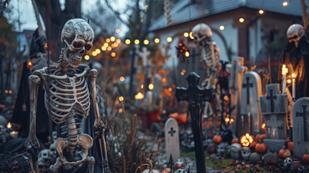Skeleton yard with haunted ambiance and gravestones for Halloween decor. High quality illustrationの素材