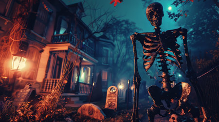Skeleton yard with haunted ambiance and gravestones for Halloween decor. High quality illustrationの素材