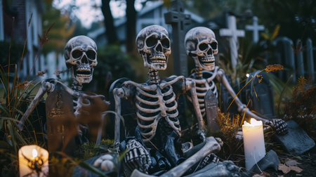 Skeleton yard with haunted ambiance and gravestones for Halloween decor. High quality illustrationの素材