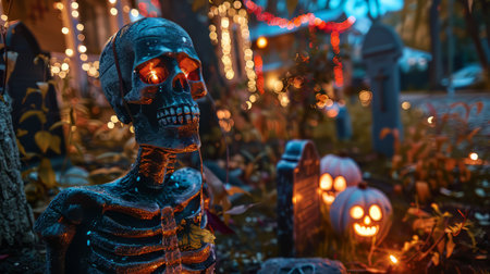 Skeleton yard with haunted ambiance and gravestones for Halloween decor. High quality illustrationの素材