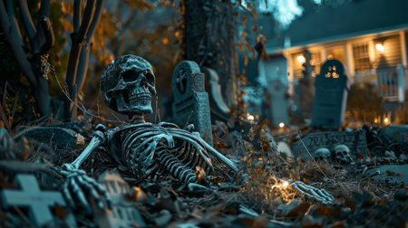 Skeleton yard with haunted ambiance and gravestones for Halloween decor. High quality illustrationの素材