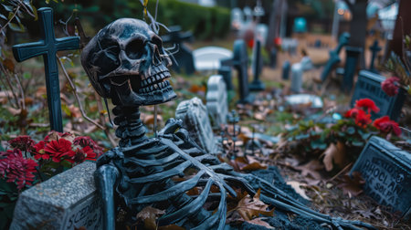 Skeleton yard with haunted ambiance and gravestones for Halloween decor. High quality illustrationの素材