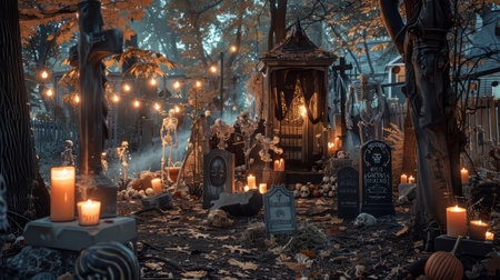 Skeleton yard with haunted ambiance and gravestones for Halloween decor. High quality illustrationの素材
